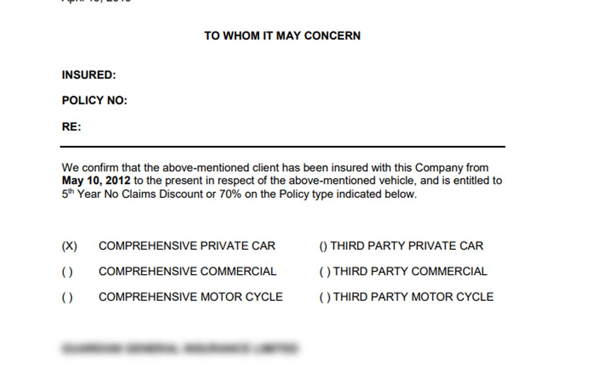 No Claims Letter for Motor Insurance